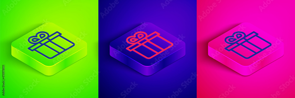 Isometric line Gift box icon isolated on green, blue and pink background. Square button. Vector Isometric line Gift box icon isolated on green, blue and pink background. Square button. Vector