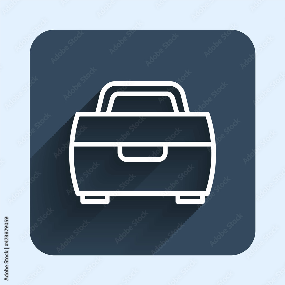 White line Case or box container for wobbler and gear fishing equipment icon isolated with long shadow background. Fishing tackle. Blue square button. Vector White line Case or box container for wobbler and gear fishing equipment icon isolated with long shadow background. Fishing tackle. Blue square button. Vector