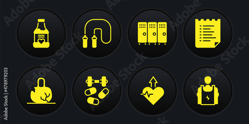 Set Broken weight, Sport training program, Sports doping with dumbbell, Heartbeat increase, Locker changing room, Jump rope, Bodybuilder and Vitamins icon. Vector
