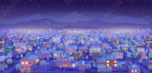  Suburban landscape with mountains in winter at night. Perspective view with roads and houses. Cartoon vector illustration