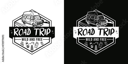 Road trip - Wild and free - logo, label, sticker - black and white