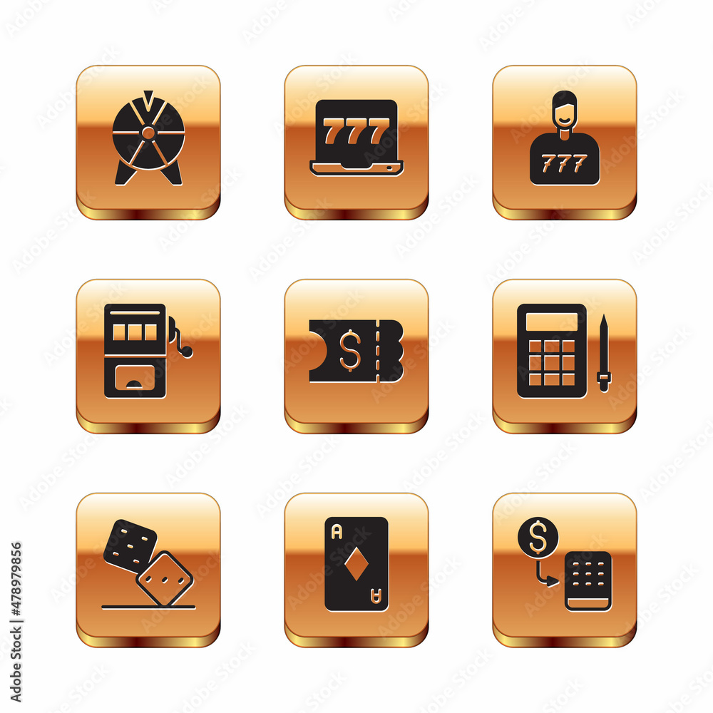 Set Lucky wheel, Game dice, Playing card with diamonds, Lottery ticket, Slot machine, player, Casino chips exchange and Laptop and slot icon. Vector Set Lucky wheel, Game dice, Playing card with diamonds, Lottery ticket, Slot machine, player, Casino chips exchange and Laptop and slot icon. Vector