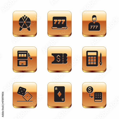 Set Lucky wheel, Game dice, Playing card with diamonds, Lottery ticket, Slot machine, player, Casino chips exchange and Laptop and slot icon. Vector