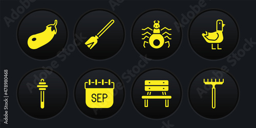 Set Honey dipper stick, Dove, September calendar autumn, Bench, Spider, Handle broom, Garden rake and Eggplant icon. Vector
