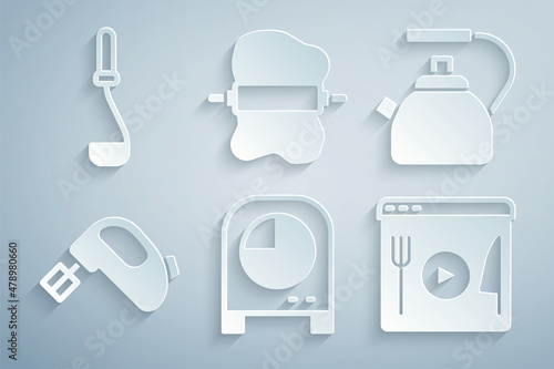 Set Kitchen timer  Kettle with handle  Electric mixer  Cooking live streaming  Rolling pin on dough and ladle icon. Vector