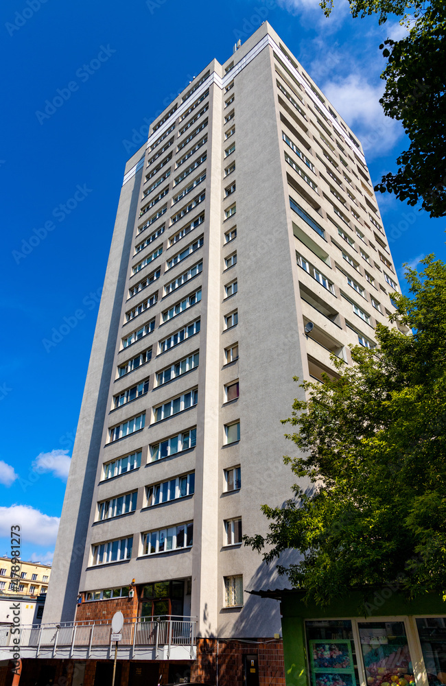 Large scale project residential tower at 2 Dworkowa street above Morskie Oko pond park in Mokotow district of Warsaw in Poland