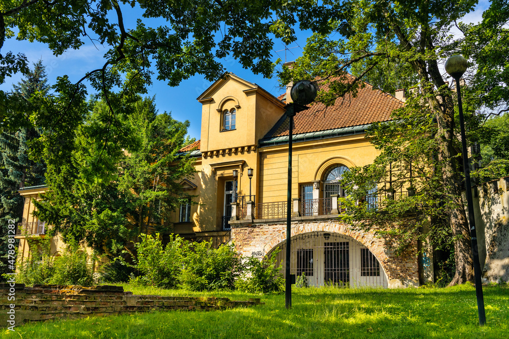 Palac Szustra Palace and park serving as theatre and music center at Morskie Oko street in Mokotow district of Warsaw in Poland