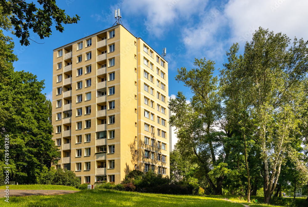 Large scale project residential tower at 1 Dworkowa street above Morskie Oko pond park in Mokotow district of Warsaw in Poland