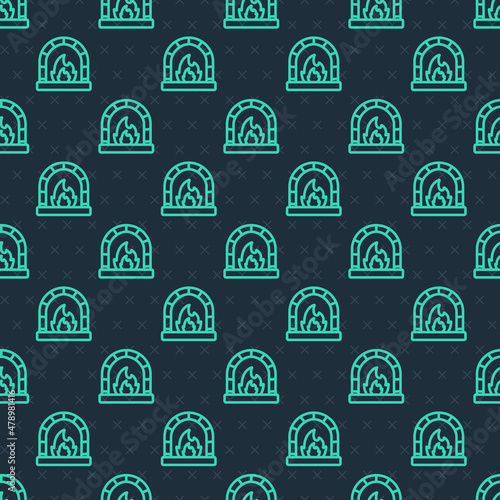 Green line Blacksmith oven icon isolated seamless pattern on blue background. Vector