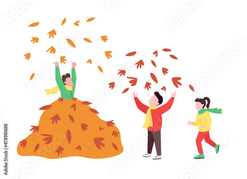 Children play with autumn leaves semi flat color vector characters. Kids figures. Full body people on white. Autumn activity isolated modern cartoon style illustration for graphic design and animation
