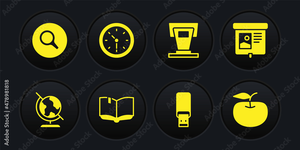 Set Earth globe, Projection screen, Open book, USB flash drive, Stage stand, Clock, Apple and Magnifying glass icon. Vector Set Earth globe, Projection screen, Open book, USB flash drive, Stage stand, Clock, Apple and Magnifying glass icon. Vector