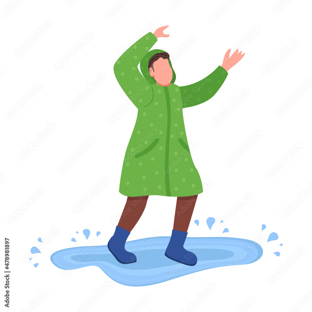 Happy teen jump in puddle semi flat color vector character. Raincoat figure. Full body person on white. Autumn activity isolated modern cartoon style illustration for graphic design and animation