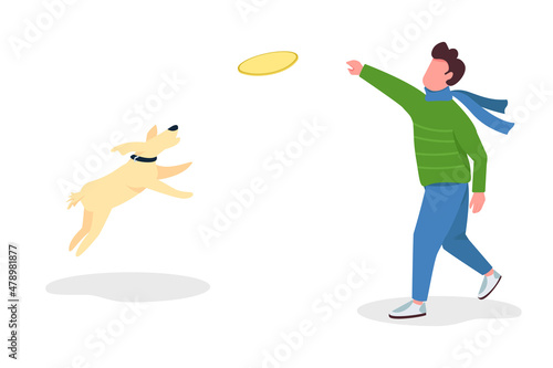 Man playing fetch with dog semi flat color vector character. Two figures. Full body person on white. Autumn activity isolated modern cartoon style illustration for graphic design and animation