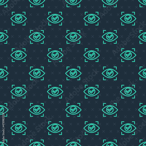 Green line Eye scan icon isolated seamless pattern on blue background. Scanning eye. Security check symbol. Cyber eye sign. Vector