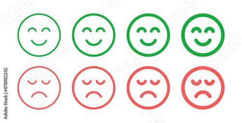 Happy and sad emoji face icon set. Feedback symbol isolated on white background.