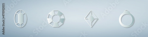 Set Gem stone, Diamond, and engagement ring. Paper art style. Vector