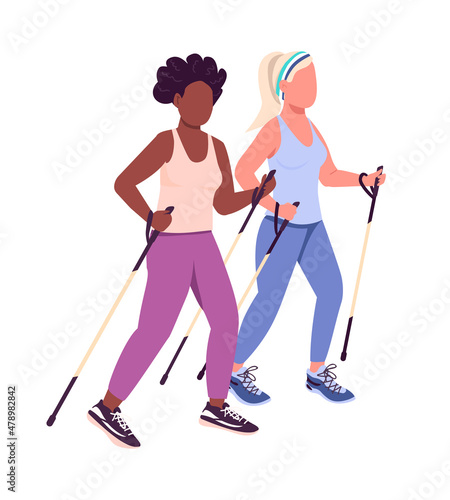 Women training outdoor semi flat color vector characters. Active figures. Full body people on white. Training together isolated modern cartoon style illustration for graphic design and animation