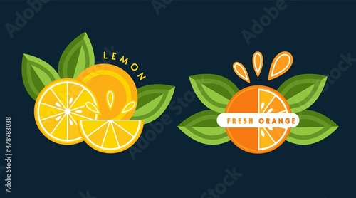 Set of emblems  badges with orange  lemon  green leaves  fruit slices. Good for decoration of food packaging  groceries  agriculture stores  advertising. Flat style