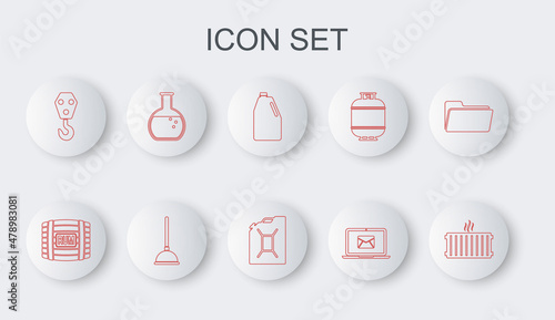 Set line Heating radiator, Wooden barrel with rum, Household chemicals bottle, Laptop envelope, Industrial hook, Test tube and flask, Rubber plunger and Canister for gasoline icon. Vector