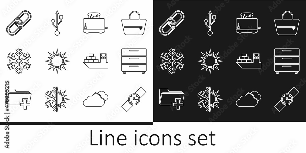 Naklejka premium Set line Wrist watch, Furniture nightstand, Toaster with toasts, Sun, Snowflake, Chain link, Cargo ship and USB icon. Vector