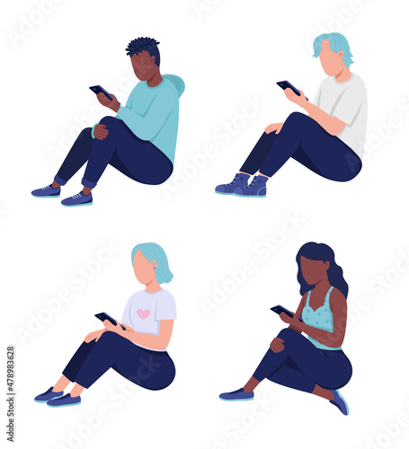 Teen smartphone addiction semi flat color vector characters set. Full body people on white. Spending time alone isolated modern cartoon style illustrations collection for graphic design and animation