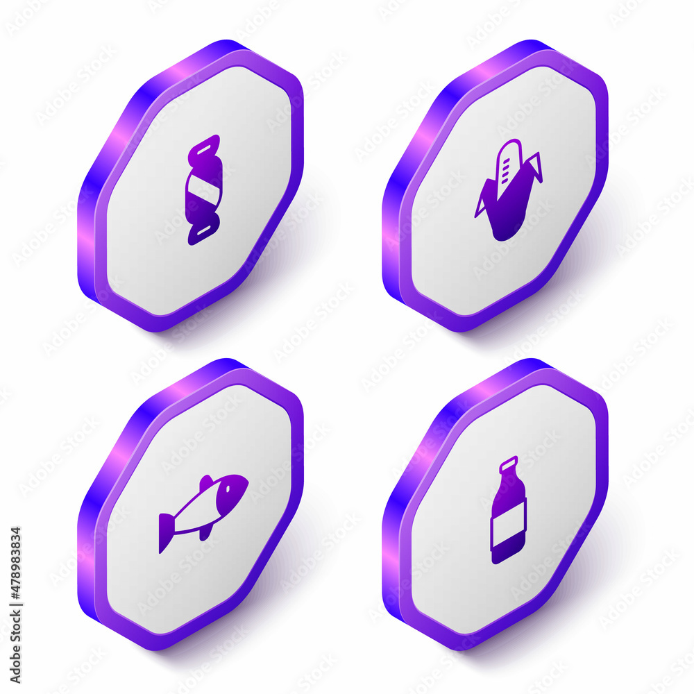 Set Isometric Candy, Corn, Fish and Bottle of wine icon. Purple hexagon button. Vector Set Isometric Candy, Corn, Fish and Bottle of wine icon. Purple hexagon button. Vector