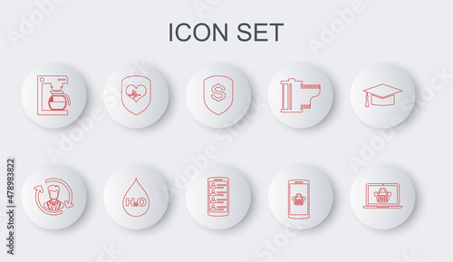Set line Shopping basket on laptop, Human resources, Shield and dollar, mobile, Coffee machine with pot, heart rate, Water drop H2O and Smartphone contacts icon. Vector