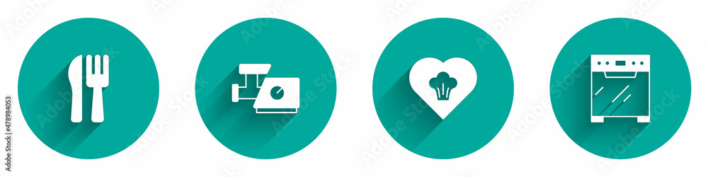Set Crossed knife and fork, Kitchen meat grinder, Chef hat and Oven icon with long shadow. Vector Set Crossed knife and fork, Kitchen meat grinder, Chef hat and Oven icon with long shadow. Vector