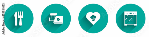 Set Crossed knife and fork, Kitchen meat grinder, Chef hat and Oven icon with long shadow. Vector