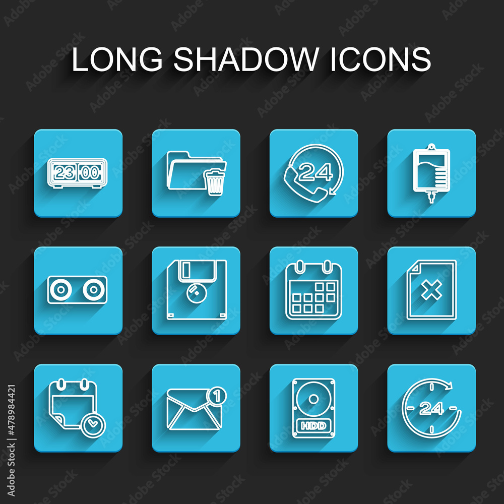 Set line Calendar and clock, New, email incoming message, Retro flip, Hard disk drive HDD, Clock 24 hours, Floppy, Delete file document and icon. Vector Set line Calendar and clock, New, email incoming message, Retro flip, Hard disk drive HDD, Clock 24 hours, Floppy, Delete file document and icon. Vector