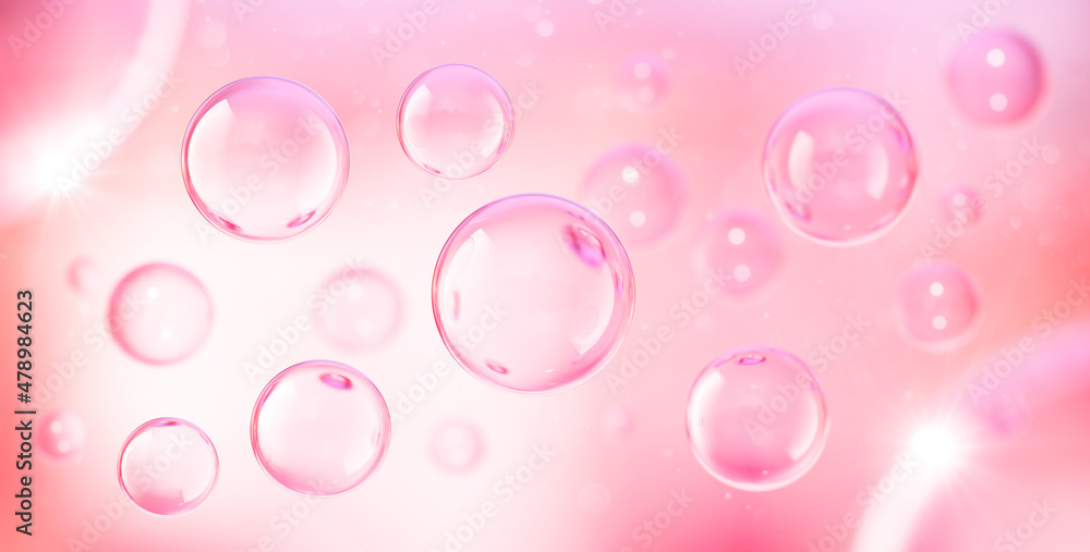 Pink collagen serum or essence drop, cosmetic advertising background, 3d rendering.