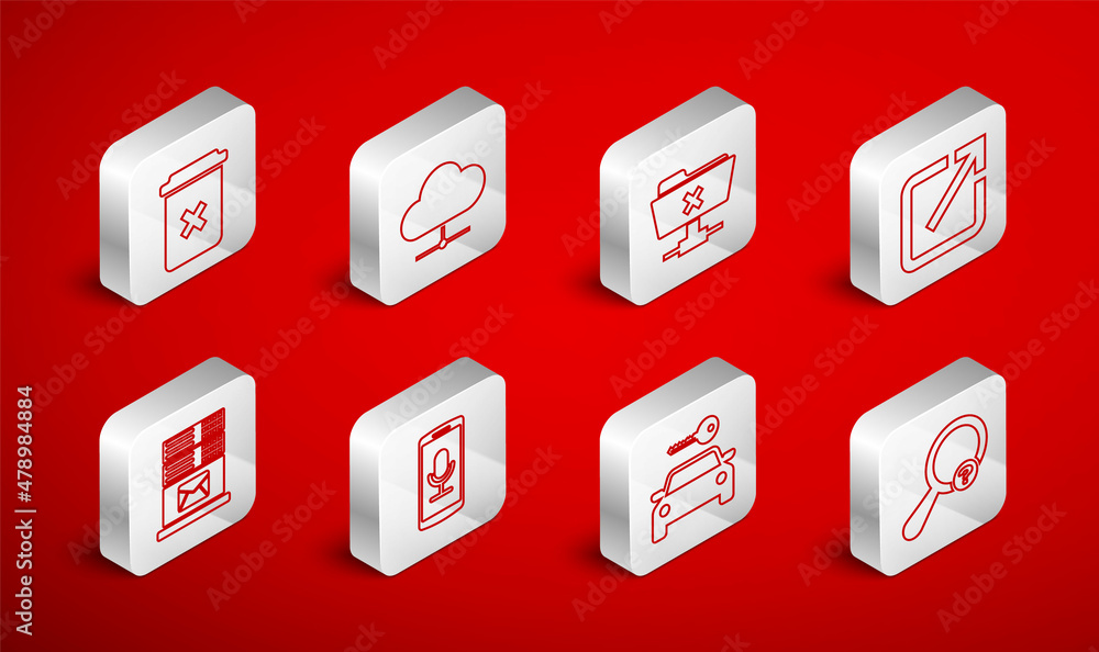 Set line Unknown search, Network cloud connection, FTP cancel operation, Open in new window, Car rental, Trash, Mobile recording and Mail server icon. Vector Set line Unknown search, Network cloud connection, FTP cancel operation, Open in new window, Car rental, Trash, Mobile recording and Mail server icon. Vector