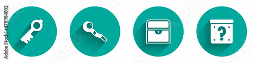 Set Old magic key, Magic staff, Antique treasure chest and Mystery box icon with long shadow. Vector
