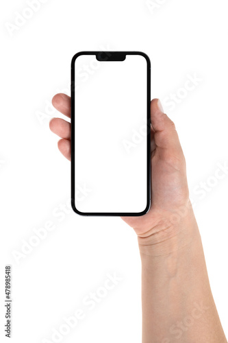 Smartphone in hand on a white background. Smartphone with blank white screen in hand.
