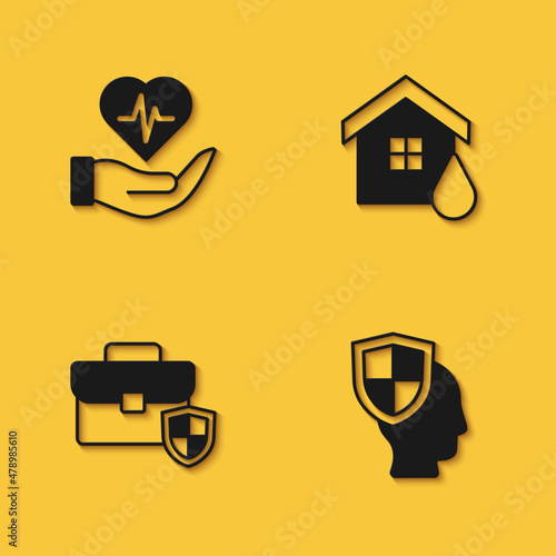Set Life insurance in hand, with shield, Briefcase and House flood icon with long shadow. Vector