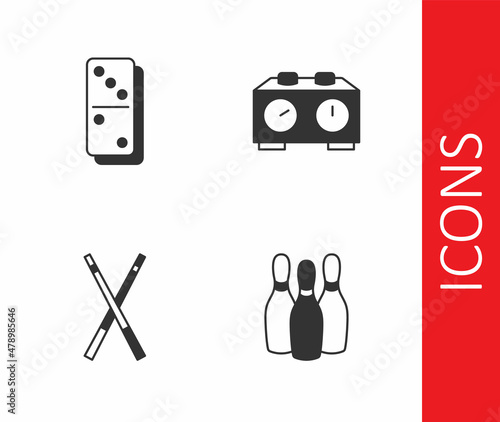Set Bowling pin, Domino, Crossed billiard cues and Time chess clock icon. Vector
