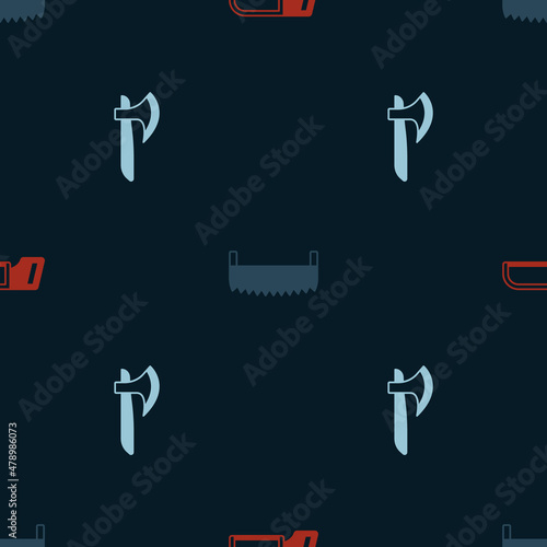 Set Hacksaw, Two-handed and Wooden axe on seamless pattern. Vector