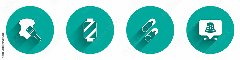 Set Leather, Sewing thread on spool, Closed steel safety pin and Thimble for sewing icon with long shadow. Vector Set Leather, Sewing thread on spool, Closed steel safety pin and Thimble for sewing icon with long shadow. Vector