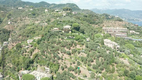 The famous tourist village of Portofino.  Utaly. Ligurian coast. Destination vacation. Aerial view.
