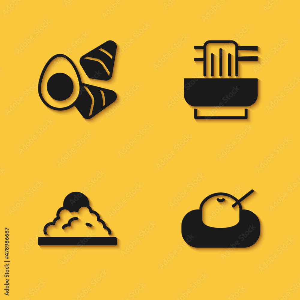 Set Chicken egg with vegerables, Mochi, Rice in bowl and Asian noodles icon with long shadow. Vector Set Chicken egg with vegerables, Mochi, Rice in bowl and Asian noodles icon with long shadow. Vector