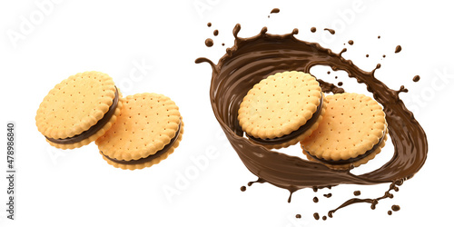 Sandwich cookies with chocolate fill, 3d illustration for biscuit package design.