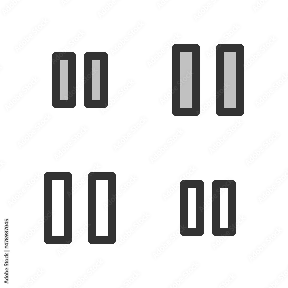 Pixel-perfect linear icon of pause button built on two base grids of 32 x 32 and 24 x 24 pixels. The initial base line weight is 2 pixels. In two-color and one-color versions. Editable strokes Pixel-perfect linear icon of pause button built on two base grids of 32 x 32 and 24 x 24 pixels. The initial base line weight is 2 pixels. In two-color and one-color versions. Editable strokes