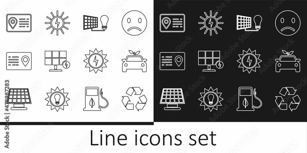 Set line Recycle symbol, Eco car concept drive, Solar energy panel and light bulb, Address book, and icon. Vector Set line Recycle symbol, Eco car concept drive, Solar energy panel and light bulb, Address book, and icon. Vector
