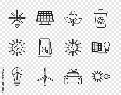 Set line Light bulb with wind turbine, Sun electric plug, Electric saving leaf, Wind, gear, Hydrogen filling station, Eco car concept drive and Solar energy panel and light icon. Vector