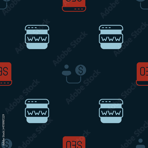 Set SEO optimization, Human and money and Browser window on seamless pattern. Vector