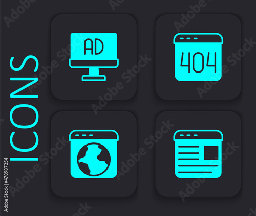 Set Advertising, Page with a 404 error and Worldwide icon. Black square button. Vector