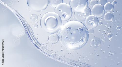 Cosmetic Essence, Liquid bubble, Molecule inside Liquid Bubble on water background, 3d rendering photo