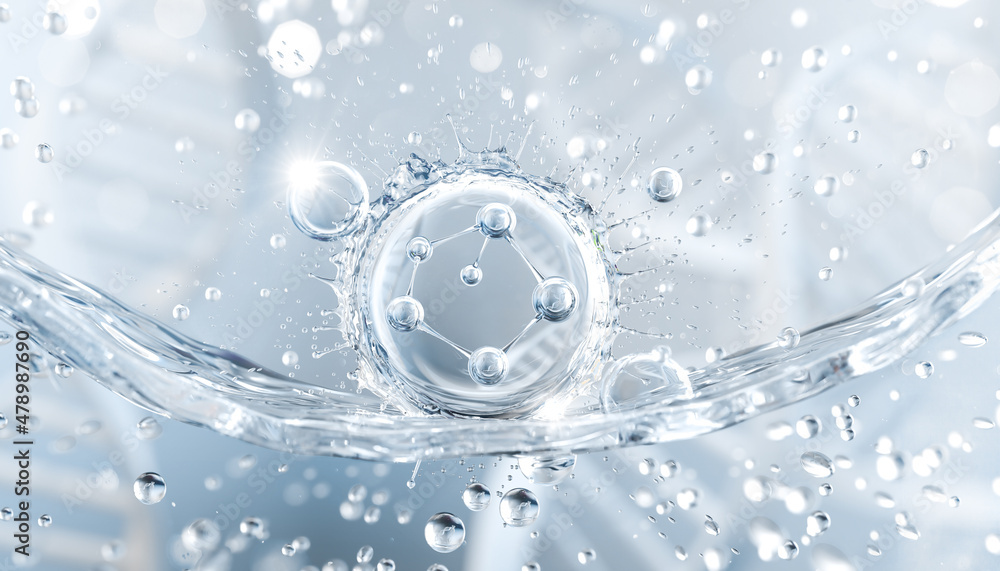 Cosmetic Essence, Liquid bubble, Molecule inside Liquid Bubble on water background, 3d rendering - obrazy, fototapety, plakaty 