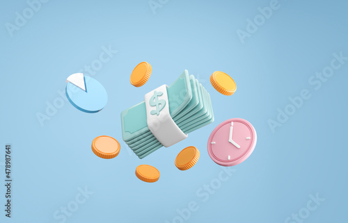 money saving concept, Bundles cash and floating coin isolate on blue background. 3d rendering.