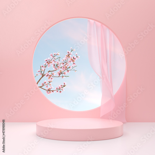 minimal pastel color product display podium with blossom flowers on pink background. 3d scene rendering © Anusorn